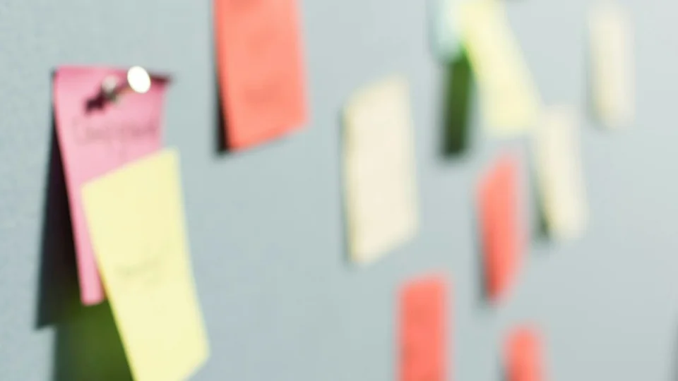 Post-it de couleur épinglés sur un tableau, lors d'un atelier